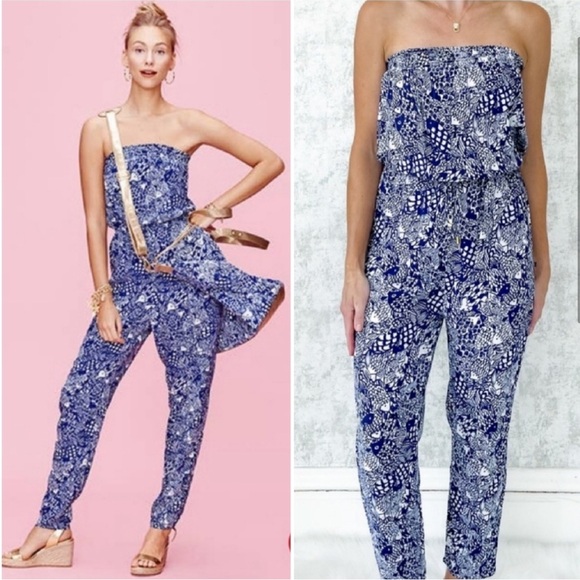 Lilly Pulitzer for Target Pants - Lilly Pulitzer Navy Upstream Koi Print Strapless Jumpsuit Romper in size L EUC